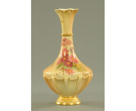 A Royal Worcester blush ground vase, shape No. 1558 date code 1912, having a moulded and flaring rim with banded neck above a