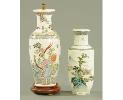 A Chinese porcelain vase, late 20th century, decorated with a gnarled pine tree upon rockwork before a pagoda, lake and mount