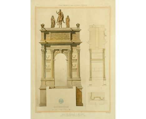A hand tinted architectural engraving published by Charles Massin Paris 1905, "Arch de Trajan Ancone".  40 cm x 28 cm, framed