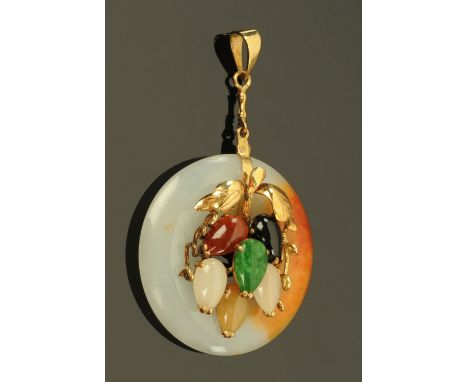 A Chinese 14 ct yellow gold pendant, set with six small jade stones, stamped "585".  Diameter 31 mm (see illustration).