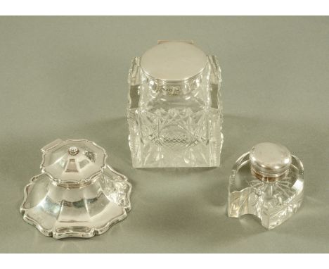 A George V silver inkwell, I M Hutchfield, Birmingham, date letter erased, an Edwardian silver mounted and cut glass inkwell,