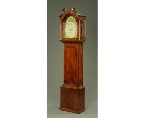 An early 19th century oak and mahogany inlaid longcase clock, the painted arch dial with eight day movement, subsidiary secon