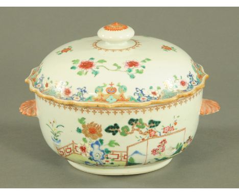A Chinese Famille Rose tureen and cover, late Qianlong, the domed lid with squat knop and enamel peony decoration and with br