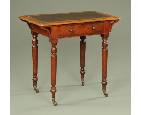 A Victorian mahogany writing desk, with leatherette writing surface and moulded edge above a single drawer with turned handle