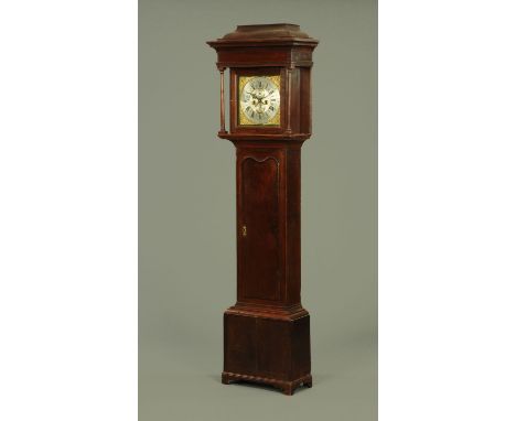 A mid 18th century oak and walnut crossbanded longcase clock by James Gandy Cockermouth circa 1750, with caddy top and turned