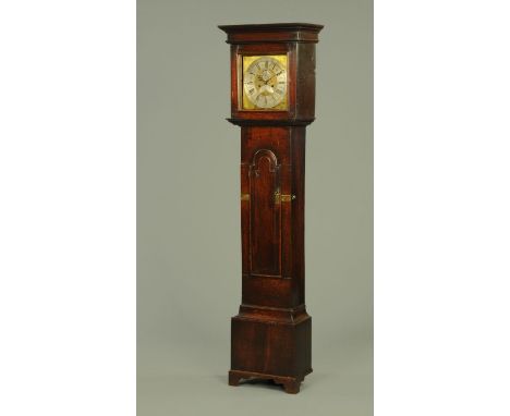 A mid 18th century oak longcase clock by John Sanderson, Wigton, made for a Mr John Skelton circa 1741.  The hood with flat t