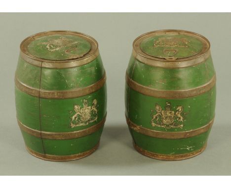 A rare pair of early 20th century Coleman's mustard barrels, painted with parcel gilding with transfer royal coat of arms to 