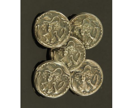 A set of Art Nouveau silver buttons, Trevitt &amp; Sons, Chester 1902, each with embossed decoration of a female wearing a la