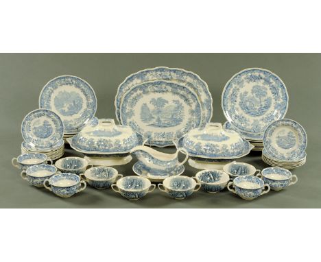 A Copeland Spode Rhine pattern dinner service, with blue and white transfer printed decoration and comprising 9 dinner plates