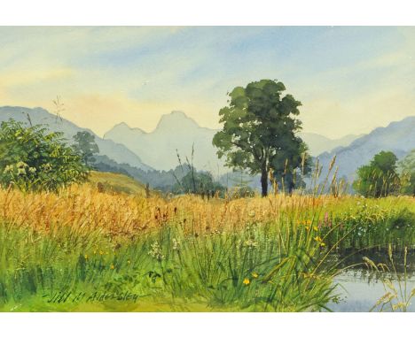 Jill Aldersley (British, contemporary) "Langdales", signed, watercolour, Ambleside and District Art Society label verso.  25 
