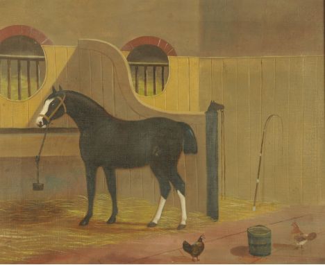 A 19th century English naive School, study of a hunter in stables with chickens, unsigned, oil on canvas.  60.5 cm x 73 cm. C