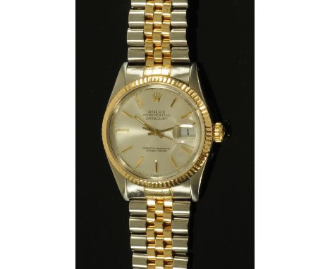 A gentleman's Rolex Oyster Perpetual Datejust bracelet watch. 1987, stainless case with yellow metal fluted bezel, Reference 