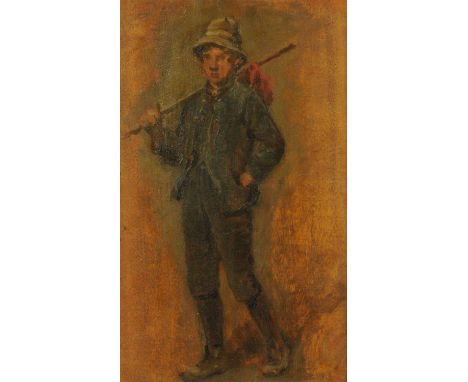 English School, full length portrait of a traveller, late 19th/early 20th century, oil painting on board, unsigned, 23.5 cm x