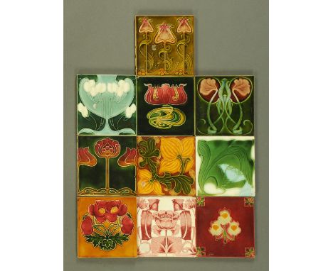 Ten Art Nouveau period pottery tiles, mostly majolica glazes with typical art nouveau stylised floral decoration, the majorit