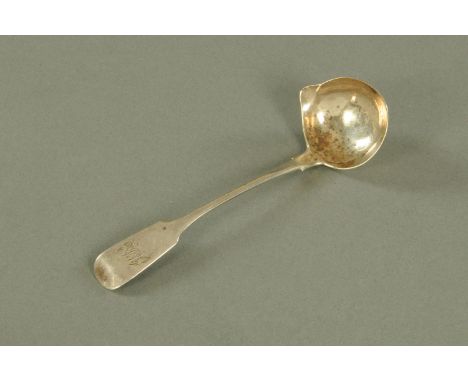A William IV Irish silver fiddle pattern sauce ladle, by Richard Garde of Cork, assayed for Dublin 1831, the terminal engrave