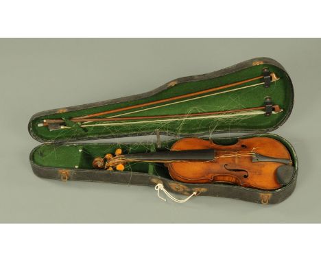 A 19th century violin by Thomson Aberdeen, with one piece back.  Length 14 1/8", cased and with two bows. CONDITION REPORT: T
