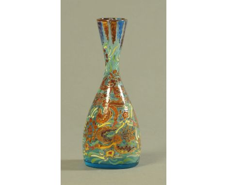 A French Art Nouveau Mont Joye blue glass and enamel vase.  22.5 cm.  CONDITION REPORT: There is a very small amount of paint