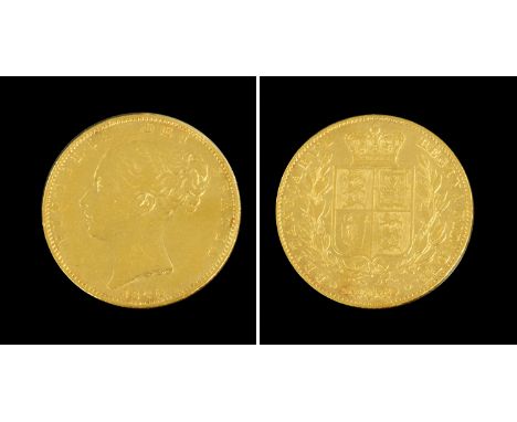 A Victorian sovereign, 1844, young head L., Rev: crowned shield of arms within wreath, second I of Britanniarum is a reversed