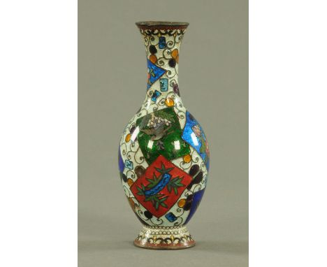 A Japanese Ginbari enamel vase, circa 1900, decorated with panels of birds and flowers.  Height 16 cm. 