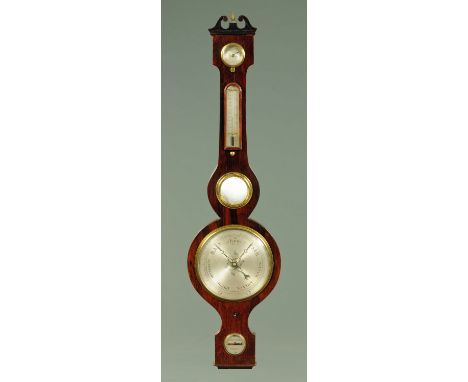 A 19th century rosewood banjo barometer, with silvered brass dial and swans neck pediment.  Height 97 cm. CONDITION REPORT: T