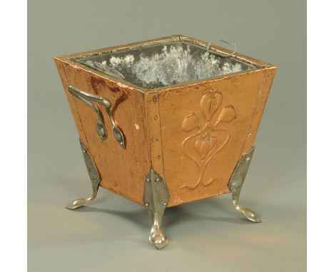 Art Nouveau copper jardiniere of square tapering form, with zinc liner, the body with embossed stylised heart decoration with
