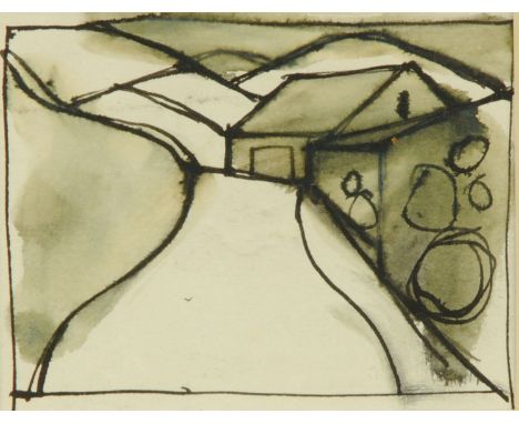 Percy Kelly, small pen and wash sketch "Cumbrian Lane and Fells", 6.5 cm x 7.75 cm (see illustration).  ARR