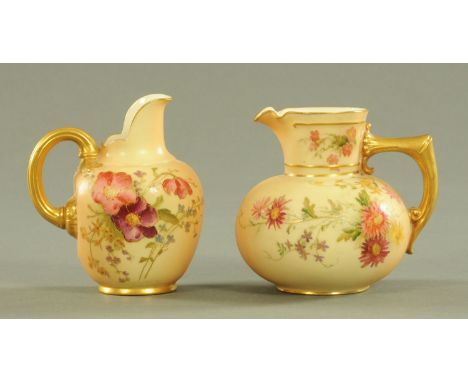 Two Royal Worcester blush ground jugs, shape No. 1376 date code 1904 and shape No. 1094 date code 1910, each with floral spra