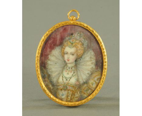 A portrait miniature of Elizabeth I, 20th century, in gilt oval frame, image 7.5 cm x 6 cm.