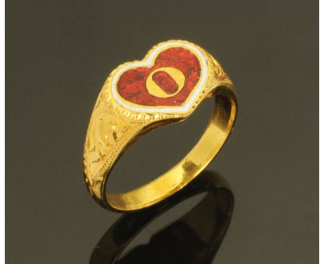 A Chinese gold coloured metal ring, enamelled in the shape of a heart, the shank stamped "90%", size L, 7.2 grams.  CONDITION