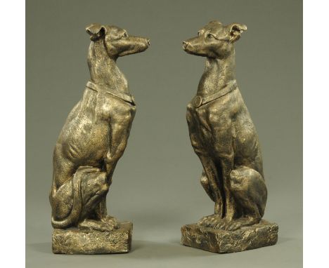 A pair of hollow cast greyhounds, each seated upon their haunches in alert pose, all upon a square base.  Height 78 cm. CONDI