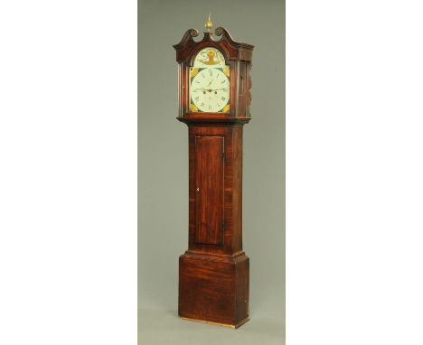 An early 19th century mahogany longcase clock, boxwood strung and with swans neck pediment above the arched painted dial and 