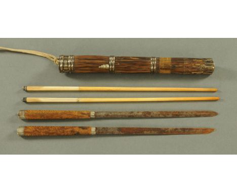 A Japanese knife and chopstick set, late 19th century, the chopsticks, knives and scabbard all with silver coloured metal mou