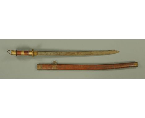 An Eastern military arsenal sword, WWII period, with turned wood, mahogany and brass handle (previously silver plated) and in