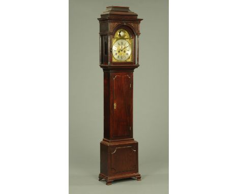 An 18th century ball moon clock in a solid red walnut case by Edward Hariman, Workington circa 1750, the hood with pagoda top