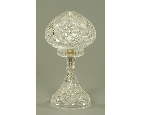 A cut glass table lamp with mushroom shaped shade, height 38 cm.