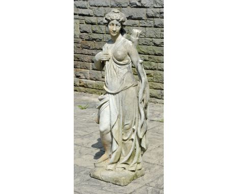 A composition stone figure of Diana the Huntress, 20th century, holding an arrow and bow all upon a square base.  Height 140 