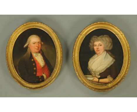 A pair of 18th century portrait of a gentleman and a lady, each finely attired, half length, inscribed in pencil verso Revere