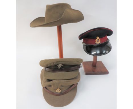 Small Selection of Various Hatsconsisting post war, Australian khaki green felt slouch hat ... Post 1953, RAMC Officer's dres
