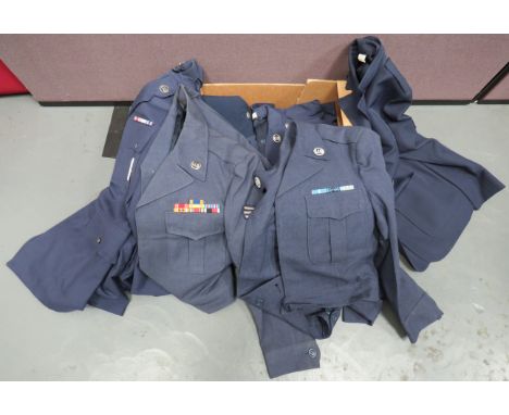 Good Selection of Modern American USAAF Uniformsincluding blue grey, service dress tunic.  Plated, US collar disks. Plated Mi