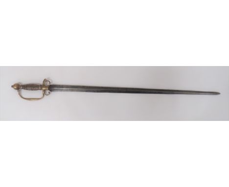 Mid 18th Century Officer's Sword29 1/2 inch, double edged, fighting blade.  Brass pas-d'ane, downswept quillon, D shape knuck