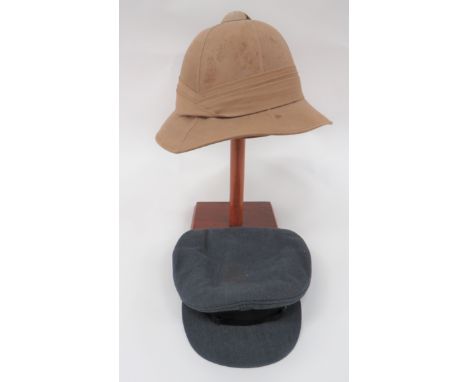 WW2 Military Pith Helmet and RAF Officer's Caplight khaki tan, six panel crown, pointed peak and rounded rear brim.  Triple f