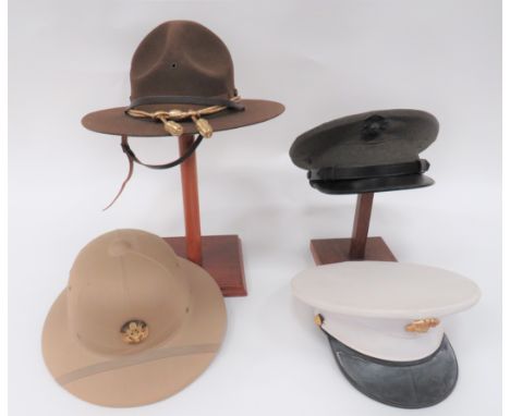 Small Selection of American Hatsconsisting brown felt, lemon squeezer, campaign hat.  Complete with gilt cap cords ... Khaki 