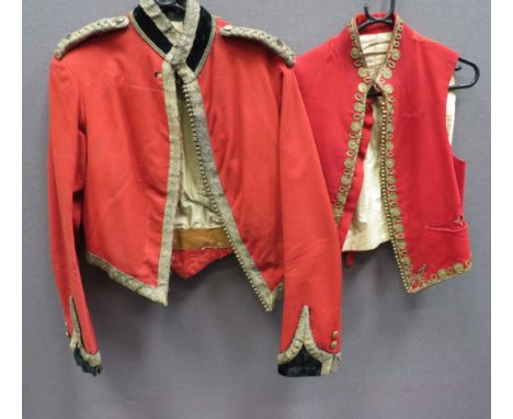 Victorian 7th Dragoon Guards Officer's Mess Uniformconsisting scarlet melton, short shell jacket.  High black velvet collar w