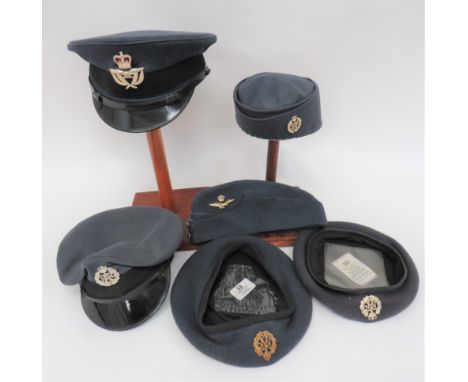 Selection of Various RAF Hatsconsisting Warrant Officer example.  Blue grey crown and body.  Black composite peak and chinstr