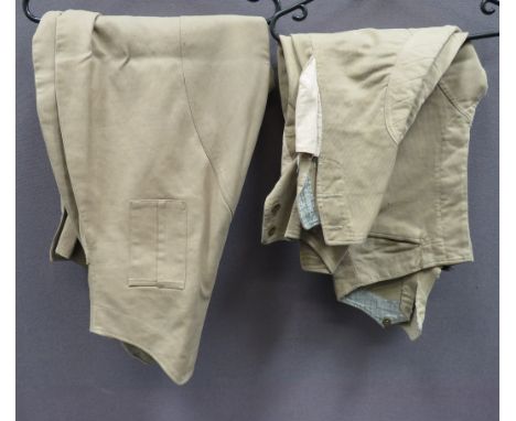 Two Pairs of Indian Cavalry Breecheslight khaki, fine cord, wide leg breeches.  Inner calf and seat reinforcement panels.  Wa