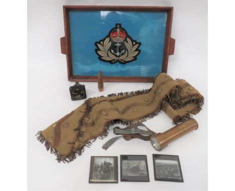 Collection of Various Military Itemsincluding wooden tray with central glass panel with painted, KC, Royal Navy badge ... Gre