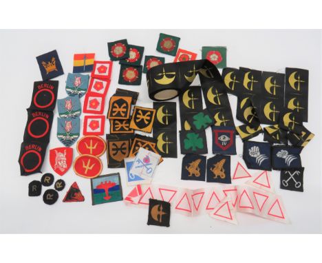 Post War British Formation Badgesincluding 13 x bevo weave 1st Div ... Part roll bevo weave 11th Inf Brigade ... 8 x bevo wea