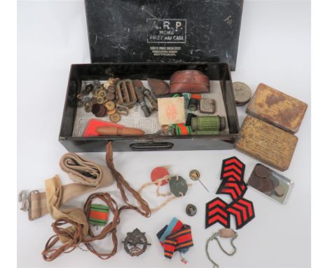 WW2 Soldier's Souvenir Boxall relating to "271529 L Dowty".  Including pair of fibre dog tags ... Silver wrist ID tag ... Civ