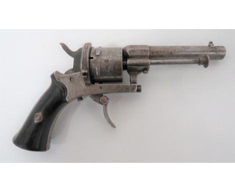 Late 19th Century Belgium Pinfire Revolver3 1/2 inch, rifled barrel with side mounted clearing rod.  Six shot, plain cylinder