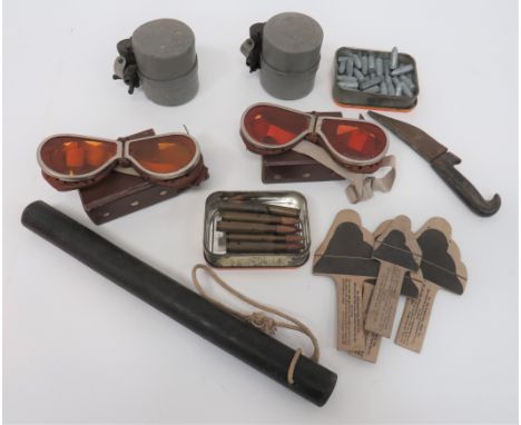 Small Selection of Various Equipmentconsisting 2 x MKII style, dispatch rider's goggles in card cases ... Black, hard rubber 